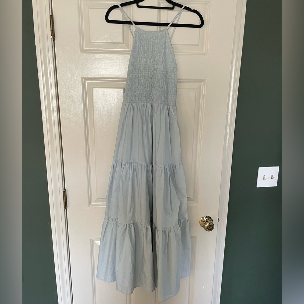 Light blue midi dress with high neckline